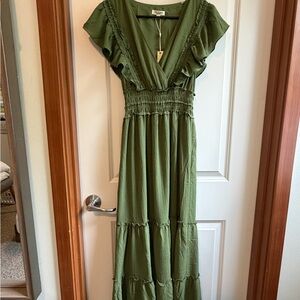 Max Studio London Women's Olive Green Ruffle Maxi Dress